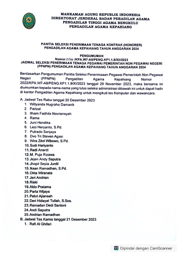 Pengumuman jadwal seleksi penerimaan PPNPN Pengadilan Agama Kepahiang 001