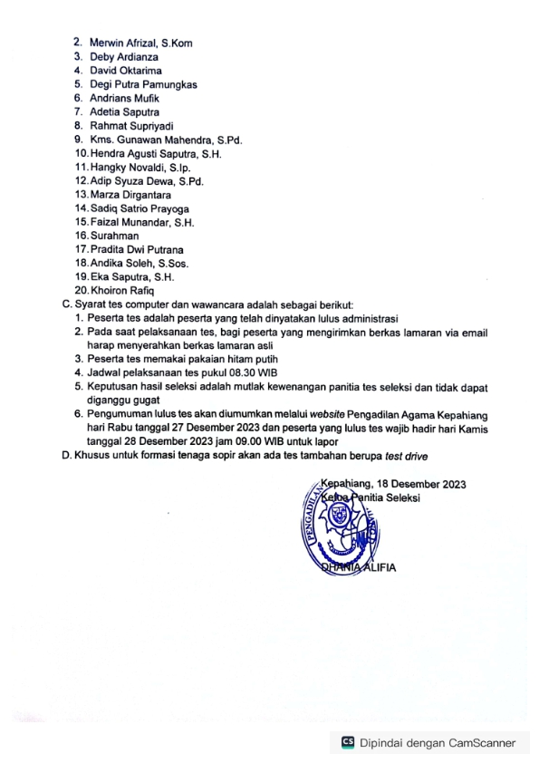 Pengumuman jadwal seleksi penerimaan PPNPN Pengadilan Agama Kepahiang 002